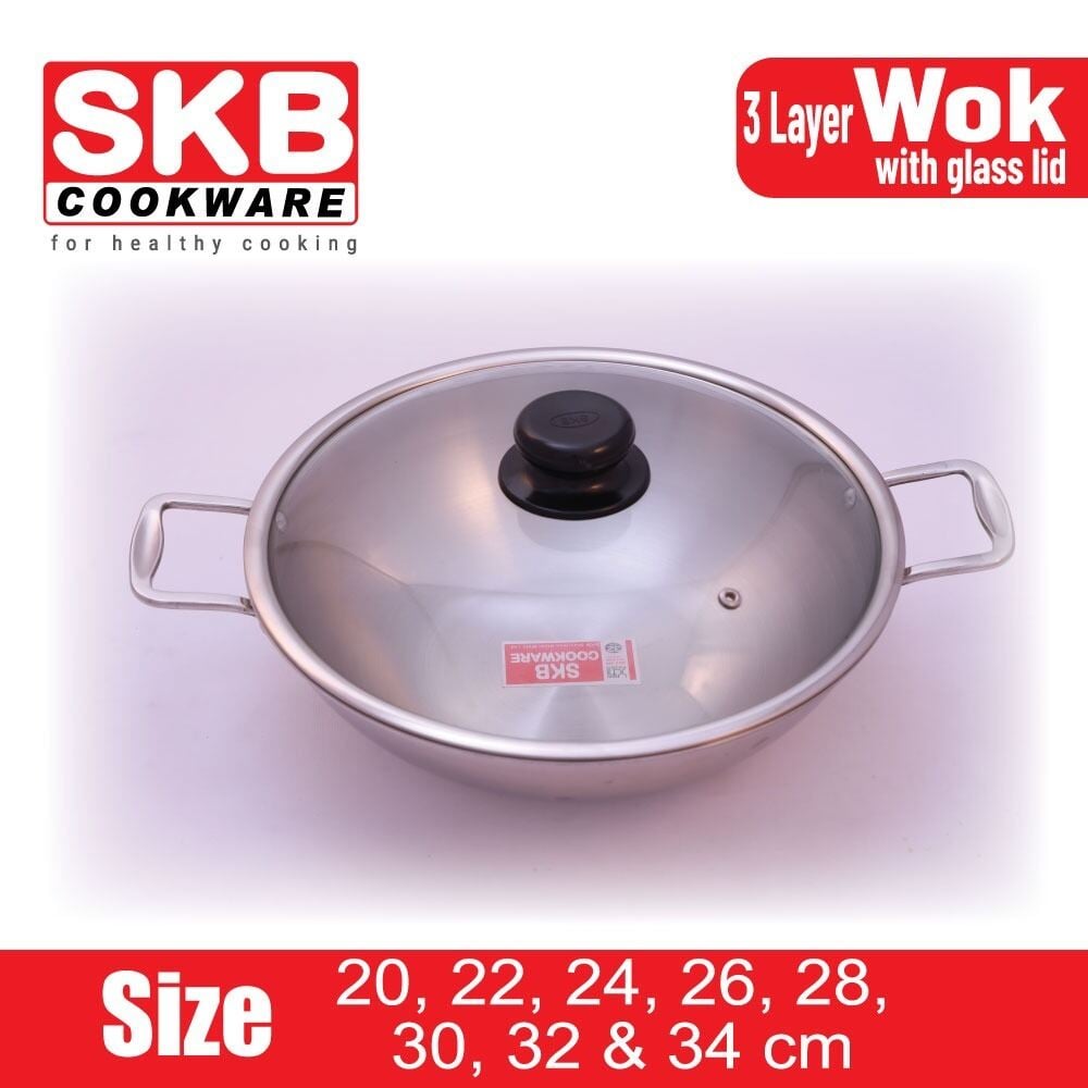 Picture of SKB SuS304 Food grade Stainless steel 3 Layer Wok with Glass Lid & Induction BTM 1Pcs