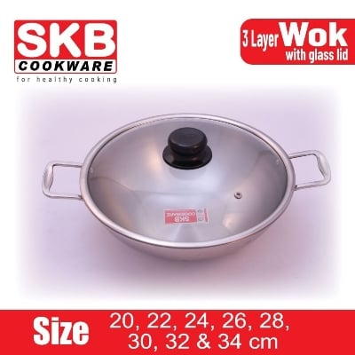 Picture of SKB SuS304 Food grade Stainless steel 3 Layer Wok with Glass Lid & Induction BTM 1Pcs