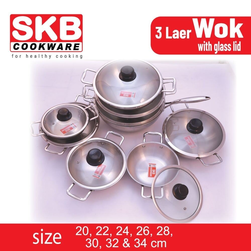 Picture of SKB SuS304 Food grade Stainless steel 3 Layer Wok with Glass Lid & Induction BTM 1Pcs