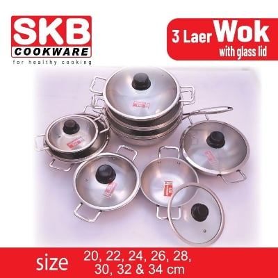 Picture of SKB SuS304 Food grade Stainless steel 3 Layer Wok with Glass Lid & Induction BTM 1Pcs