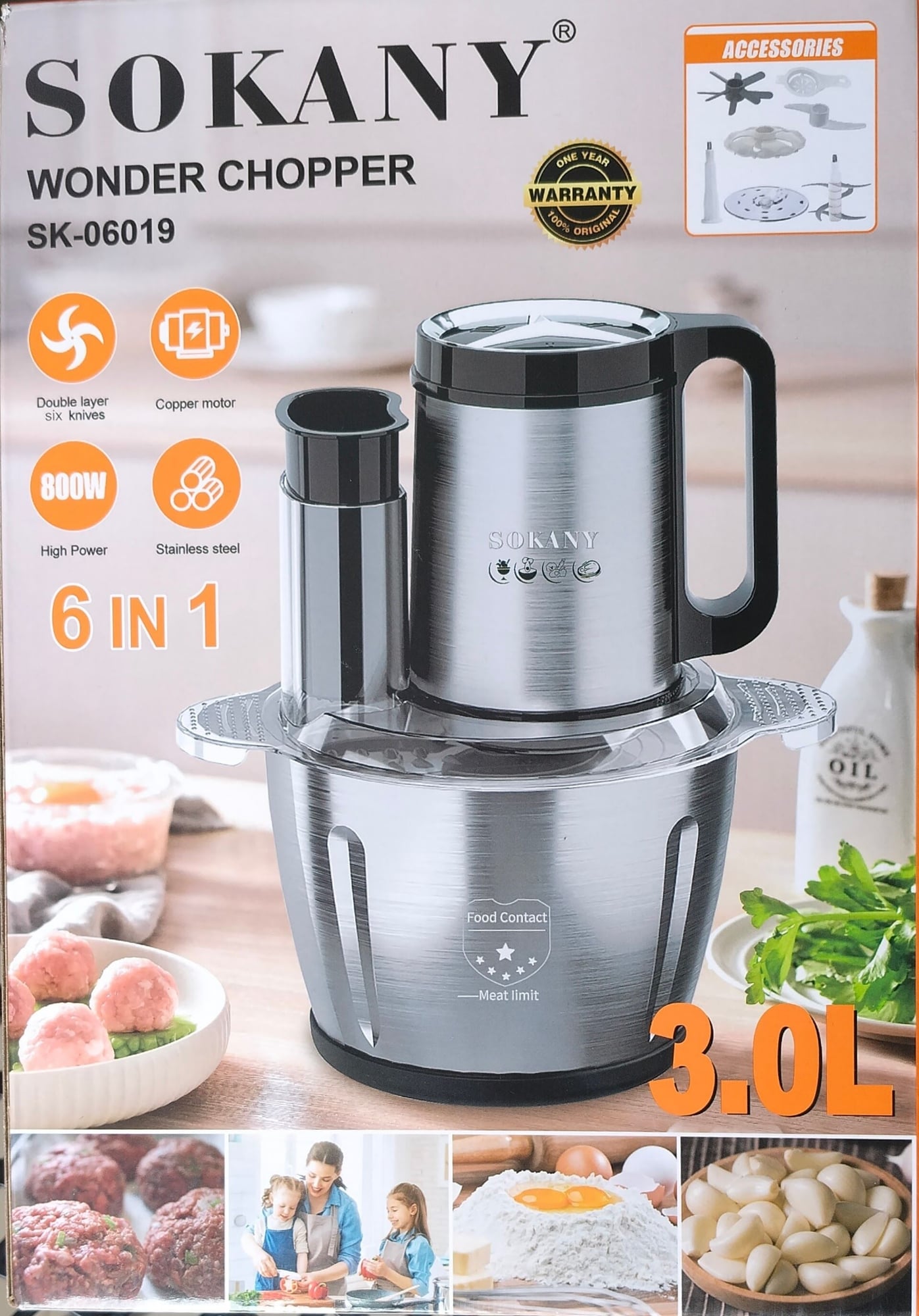 Picture of Sokany 800W Wonder Chopper SK-06019: 3.0L High-Capacity 6-in-1 Food Processor