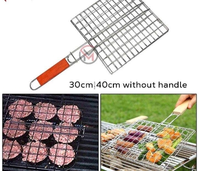 Picture of Portable BBQ Grill Net Basket with Wooden Handle - Large - Silver