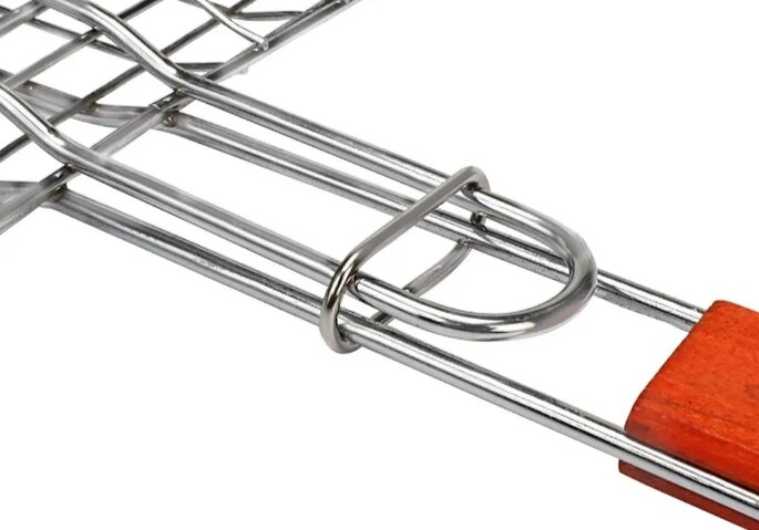 Picture of Portable BBQ Grill Net Basket with Wooden Handle - Large - Silver