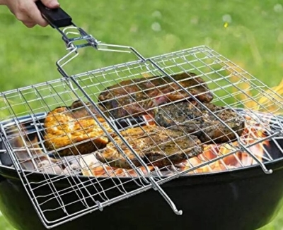 Picture of Portable BBQ Grill Net Basket with Wooden Handle - Large - Silver