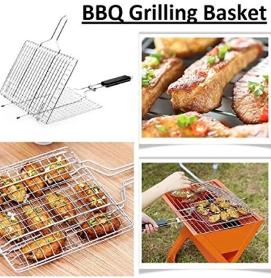 Picture of Portable BBQ Grill Net Basket with Wooden Handle - Large - Silver