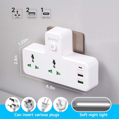 Picture of Travel Extention Socket with LED Light, Independent switch socket Power Strip 2 AC Outlets 2 USB 1 Type-C USB charging adapter-White