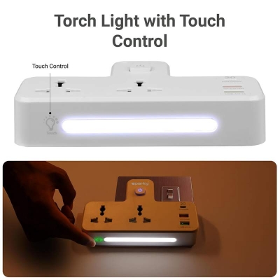 Picture of Travel Extention Socket with LED Light, Independent switch socket Power Strip 2 AC Outlets 2 USB 1 Type-C USB charging adapter-White