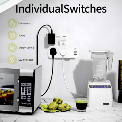 Picture of Travel Extention Socket with LED Light, Independent switch socket Power Strip 2 AC Outlets 2 USB 1 Type-C USB charging adapter-White