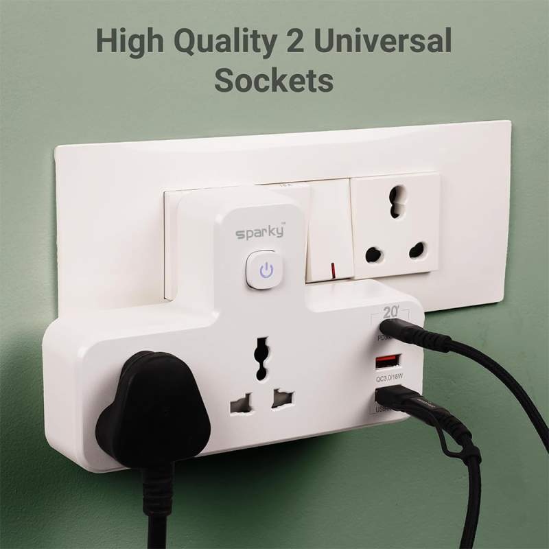 Picture of Travel Extention Socket with LED Light, Independent switch socket Power Strip 2 AC Outlets 2 USB 1 Type-C USB charging adapter-White