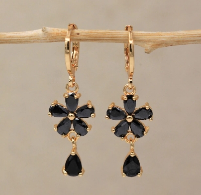 Picture of Black Earrings Jewelry Cubic Zirconia Inlay Flower Dangle Hoop Earrings-8 MM-Black