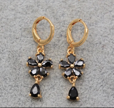 Picture of Black Earrings Jewelry Cubic Zirconia Inlay Flower Dangle Hoop Earrings-8 MM-Black