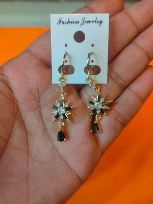 Picture of Black Earrings Jewelry Cubic Zirconia Inlay Flower Dangle Hoop Earrings-8 MM-Black