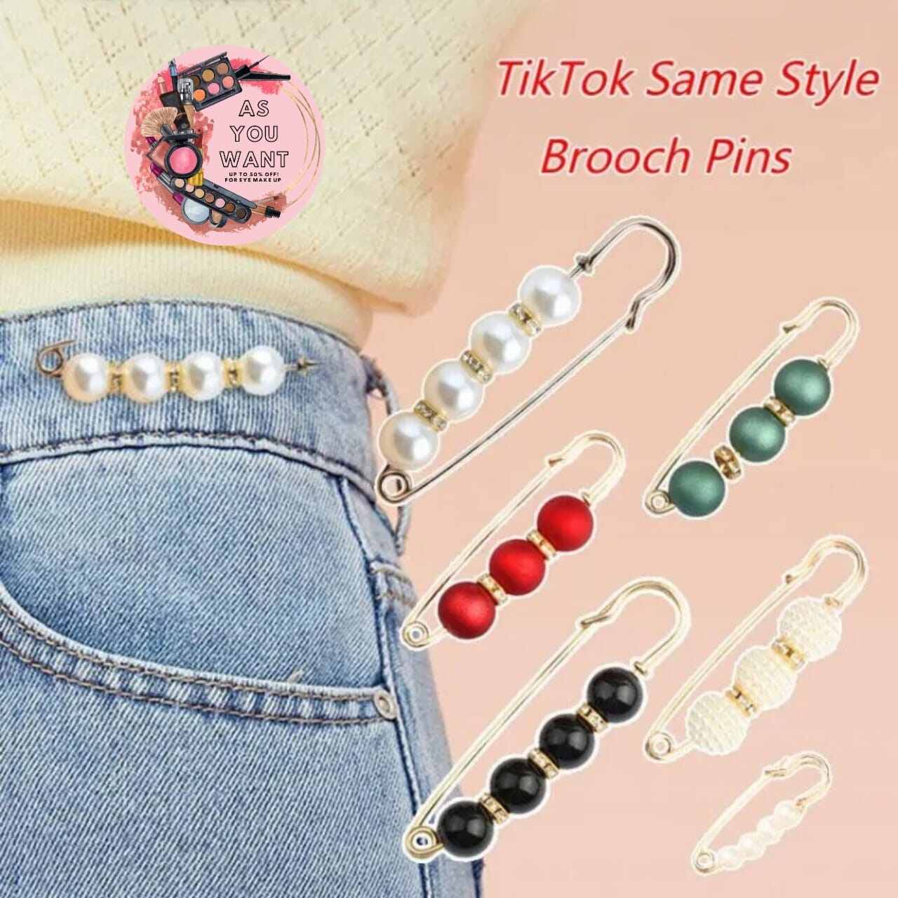 Picture of 6pcs/set Gorgeous Rhinestone Pearl Brooch Pin Dress Sweater Decoration Fashion Women's Waist Fixing and Adjusting Clip-Multicolor