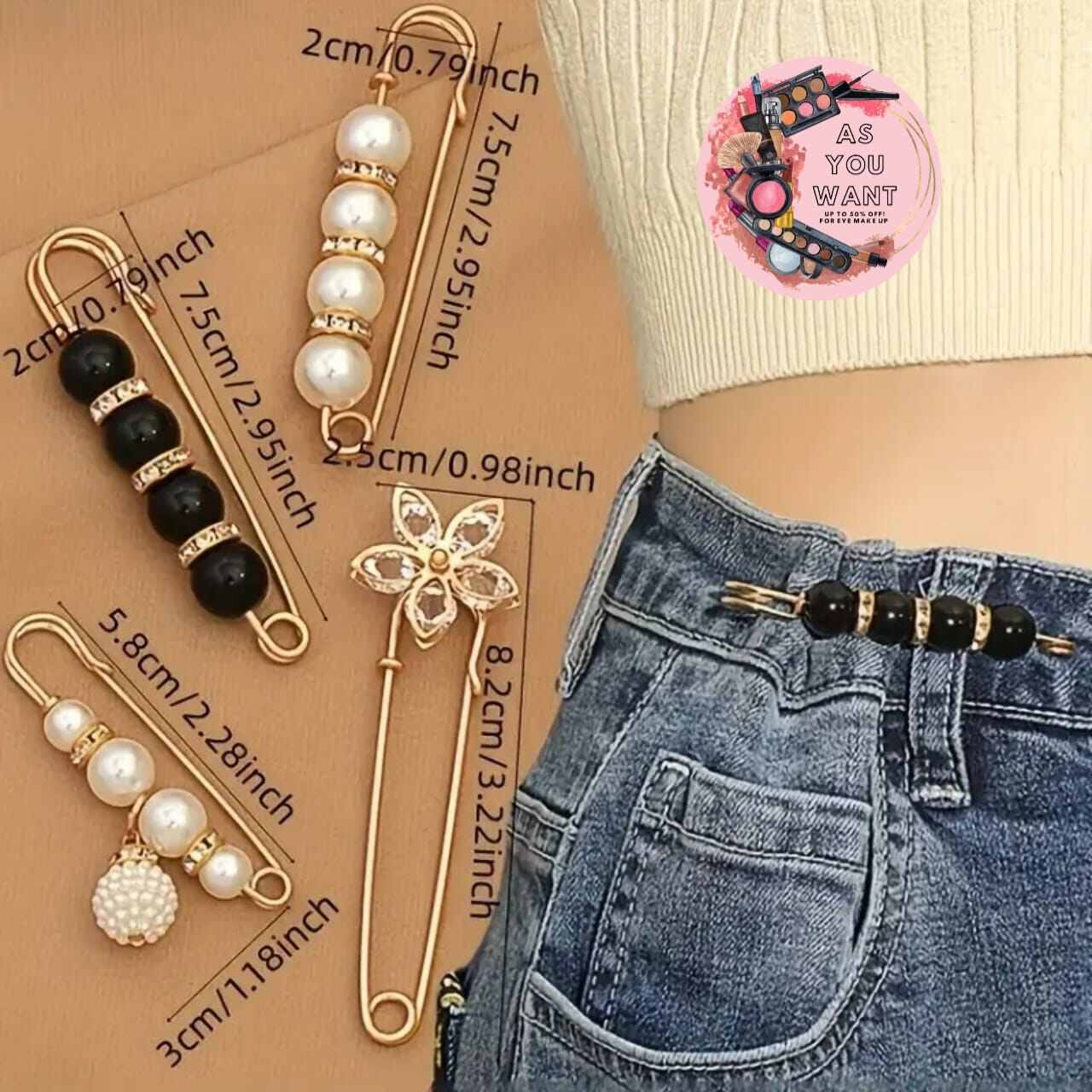 Picture of 6pcs/set Gorgeous Rhinestone Pearl Brooch Pin Dress Sweater Decoration Fashion Women's Waist Fixing and Adjusting Clip-Multicolor