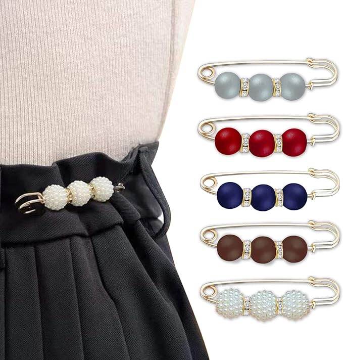 Picture of 6pcs/set Gorgeous Rhinestone Pearl Brooch Pin Dress Sweater Decoration Fashion Women's Waist Fixing and Adjusting Clip-Multicolor