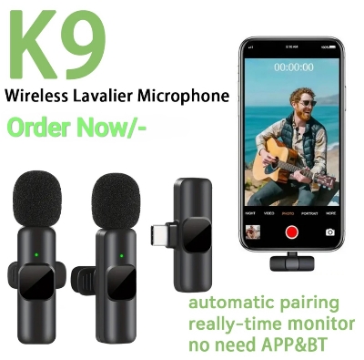 Picture of K9 Double Wireless Dual Microphone for Smartphone 2.4GHz with Type-C Charging, 120m Transmission Range, 80mAh Battery - Black
