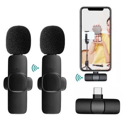 Picture of K9 Double Wireless Dual Microphone for Smartphone 2.4GHz with Type-C Charging, 120m Transmission Range, 80mAh Battery - Black