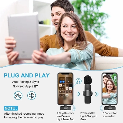Picture of K9 Double Wireless Dual Microphone for Smartphone 2.4GHz with Type-C Charging, 120m Transmission Range, 80mAh Battery - Black
