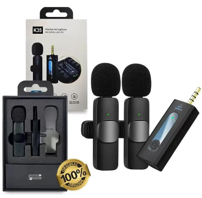 Picture of K35 DUAL WIRELESS DYNAMIC MICROPHONE WITH NOISE CANCELLING For Smartphone DSLR And All Others Audio 3.5mm Jack Support