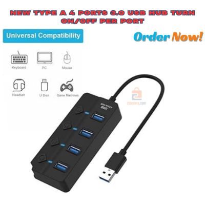 Picture of New Type A 4 Ports 3.0 USB HUB Turn on/Off per Port 5 Gbps LED Indication Black 4 Port USB Hub For PC Computer laptop smartphones high speed data transfer supported Type A to Type A - Black