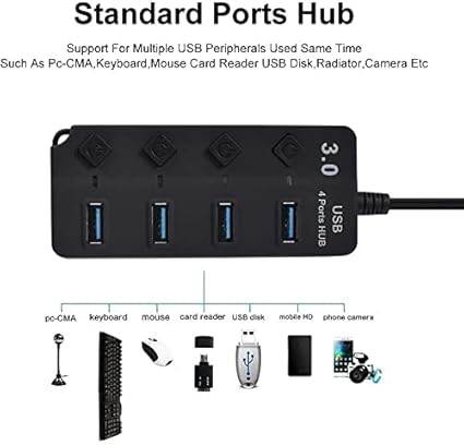 Picture of New Type A 4 Ports 3.0 USB HUB Turn on/Off per Port 5 Gbps LED Indication Black 4 Port USB Hub For PC Computer laptop smartphones high speed data transfer supported Type A to Type A - Black
