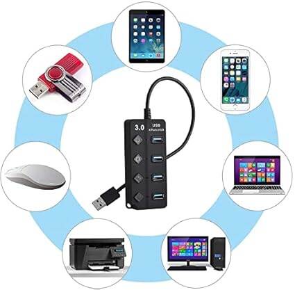 Picture of New Type A 4 Ports 3.0 USB HUB Turn on/Off per Port 5 Gbps LED Indication Black 4 Port USB Hub For PC Computer laptop smartphones high speed data transfer supported Type A to Type A - Black