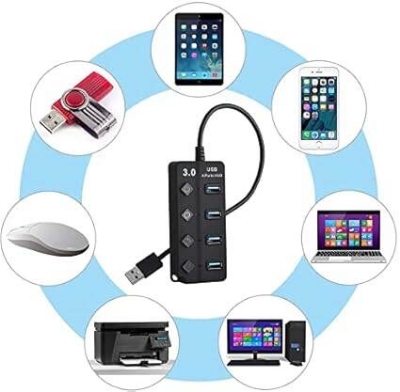 Picture of New Type A 4 Ports 3.0 USB HUB Turn on/Off per Port 5 Gbps LED Indication Black 4 Port USB Hub For PC Computer laptop smartphones high speed data transfer supported Type A to Type A - Black