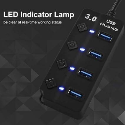 Picture of New Type A 4 Ports 3.0 USB HUB Turn on/Off per Port 5 Gbps LED Indication Black 4 Port USB Hub For PC Computer laptop smartphones high speed data transfer supported Type A to Type A - Black