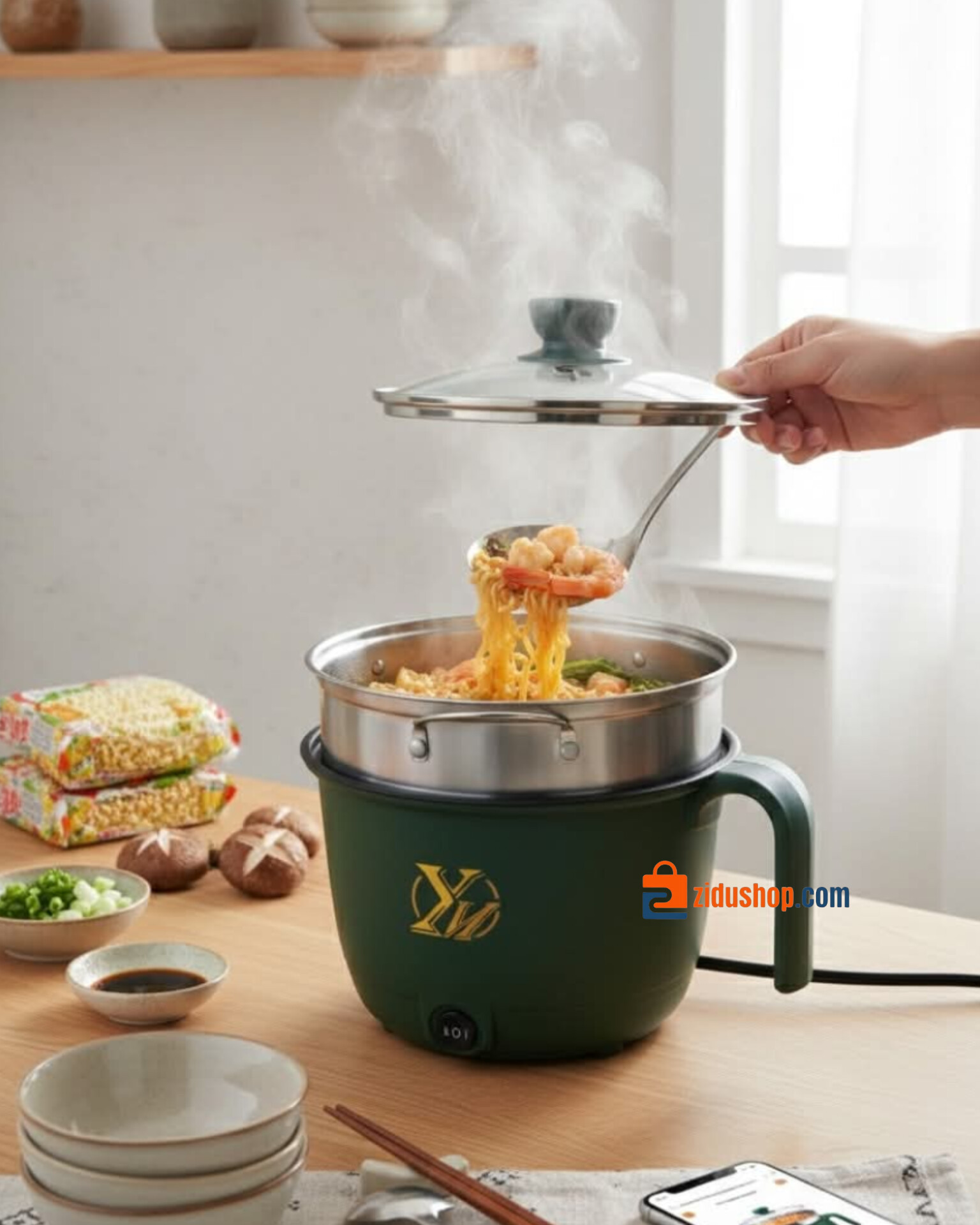Picture of 1.8L Electric Cooking Pot Multifunctional Nonstick Household Cooking Pot 1-2 Person Single/Double Layer Hot Pot Electric Rice Cooker Machine - Green