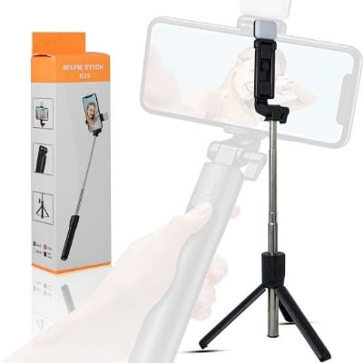 Picture of R1s Bluetooth Selfie Sticks with Remote and Selfie Light, 3-in-1 Multifunctional Selfie Stick Tripod Stand Compatible with iPhone/OnePlus/Samsung/Realme & All Smartphones/Go Pro (Black) - Black