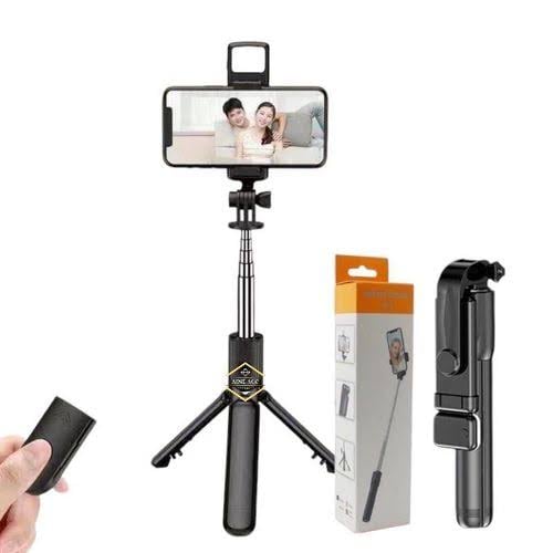 Picture of R1s Bluetooth Selfie Sticks with Remote and Selfie Light, 3-in-1 Multifunctional Selfie Stick Tripod Stand Compatible with iPhone/OnePlus/Samsung/Realme & All Smartphones/Go Pro (Black) - Black