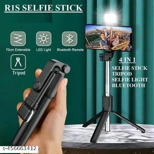 Picture of R1s Bluetooth Selfie Sticks with Remote and Selfie Light, 3-in-1 Multifunctional Selfie Stick Tripod Stand Compatible with iPhone/OnePlus/Samsung/Realme & All Smartphones/Go Pro (Black) - Black