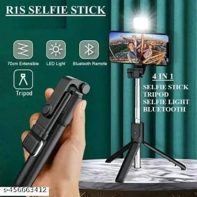 Picture of R1s Bluetooth Selfie Sticks with Remote and Selfie Light, 3-in-1 Multifunctional Selfie Stick Tripod Stand Compatible with iPhone/OnePlus/Samsung/Realme & All Smartphones/Go Pro (Black) - Black