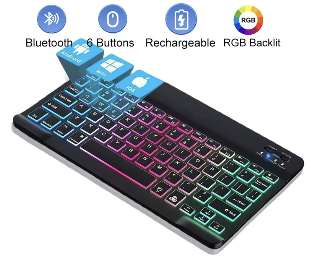 Picture of Ultra-Slim Bluetooth Wireless Keyboard for iPad, 7-Color Backlit Rechargeable USB Keyboard, Portable Mini Keyboard Compatible with iOS, Android, Windows, iPad, iPhone, Mac, Tablet, Black - Black