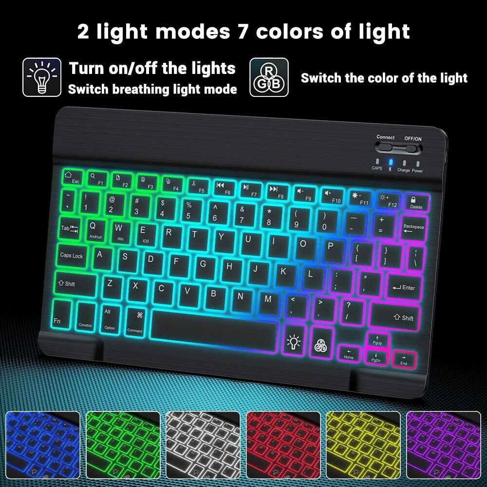 Picture of Ultra-Slim Bluetooth Wireless Keyboard for iPad, 7-Color Backlit Rechargeable USB Keyboard, Portable Mini Keyboard Compatible with iOS, Android, Windows, iPad, iPhone, Mac, Tablet, Black - Black
