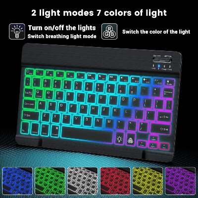 Picture of Ultra-Slim Bluetooth Wireless Keyboard for iPad, 7-Color Backlit Rechargeable USB Keyboard, Portable Mini Keyboard Compatible with iOS, Android, Windows, iPad, iPhone, Mac, Tablet, Black - Black