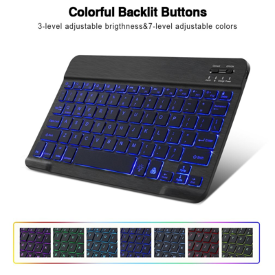 Picture of Ultra-Slim Bluetooth Wireless Keyboard for iPad, 7-Color Backlit Rechargeable USB Keyboard, Portable Mini Keyboard Compatible with iOS, Android, Windows, iPad, iPhone, Mac, Tablet, Black - Black