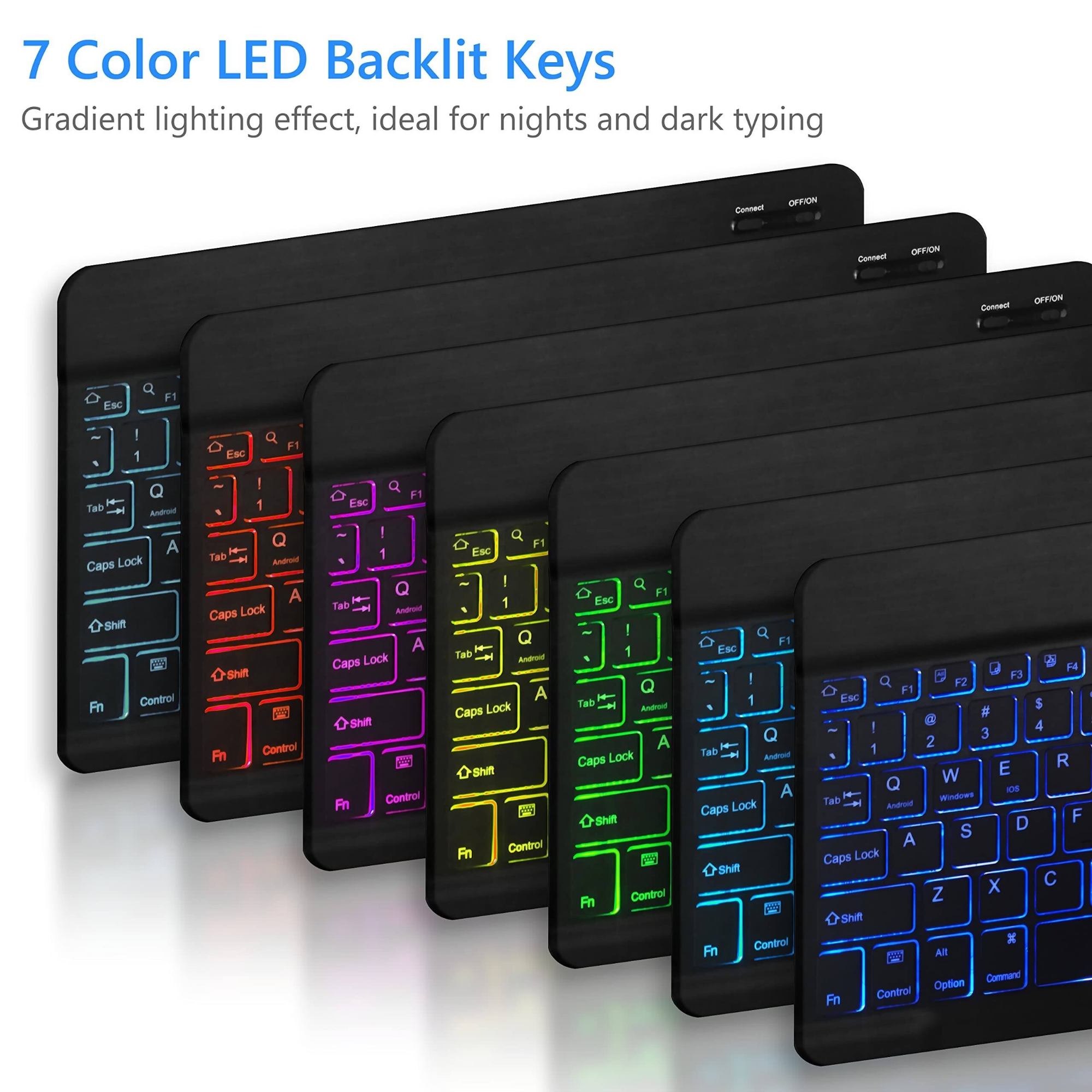 Picture of Ultra-Slim Bluetooth Wireless Keyboard for iPad, 7-Color Backlit Rechargeable USB Keyboard, Portable Mini Keyboard Compatible with iOS, Android, Windows, iPad, iPhone, Mac, Tablet, Black - Black