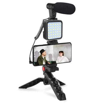 Picture of Vlogging Kit-01LM With Light, Table Tripod Stand, Microphone, Phone Holder, Bluetooth Remote - Multicolor