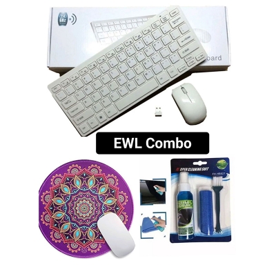 Picture of Mini Slim Wireless Keyboard & Mouse With Round Soft Random Design G7 Mousepad & Handboss Screen Cleaner Combo Pack - Multicolor