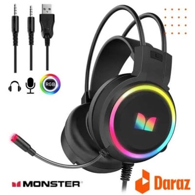 Picture of Monster RGB Gaming Headset with LED Lights, Noise-Cancelling Microphone, and Comfortable Over-Ear Cushions for Mobile, PC, Laptop, and Console Gaming - Multicolor
