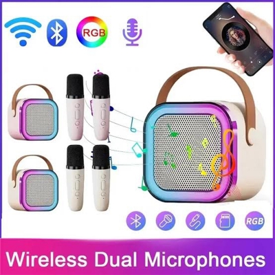Picture of K12 Karaoke Speaker with Two Wireless Microphones | Portable Bluetooth Speaker with High Bass, LED Lights, and Rechargeable Battery - Multicolor