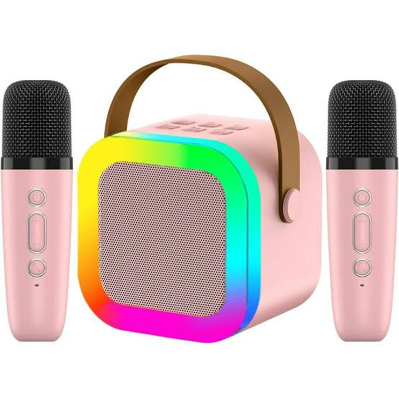Picture of K12 Karaoke Speaker with Two Wireless Microphones | Portable Bluetooth Speaker with High Bass, LED Lights, and Rechargeable Battery - Multicolor
