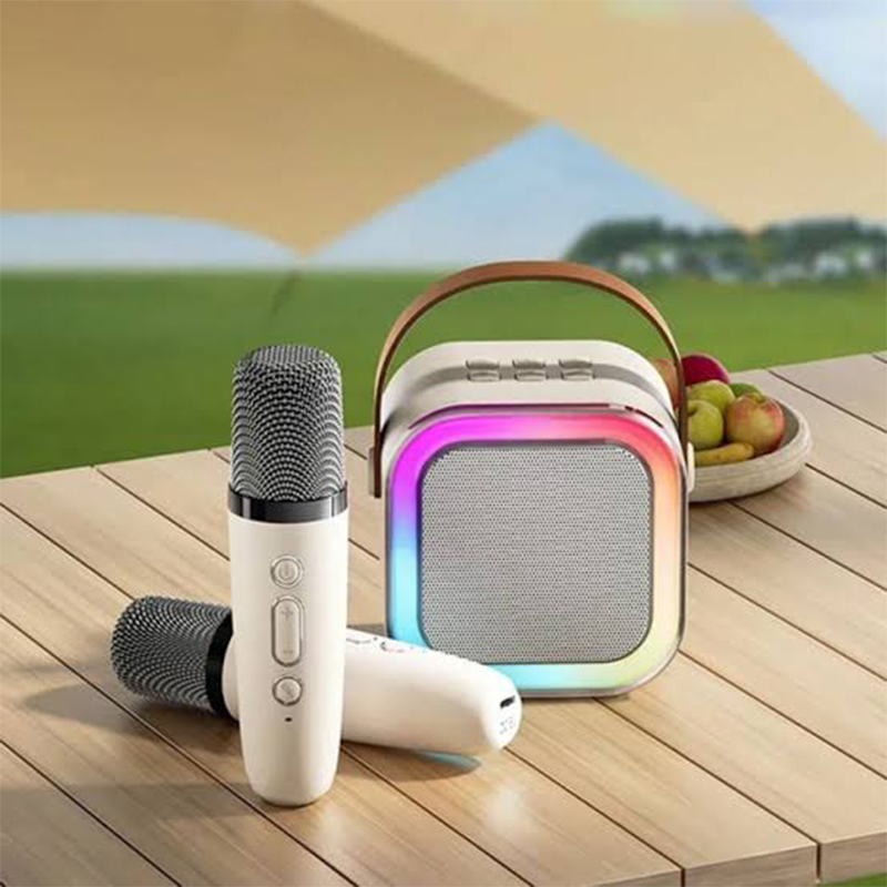 Picture of K12 Karaoke Speaker with Two Wireless Microphones | Portable Bluetooth Speaker with High Bass, LED Lights, and Rechargeable Battery - Multicolor
