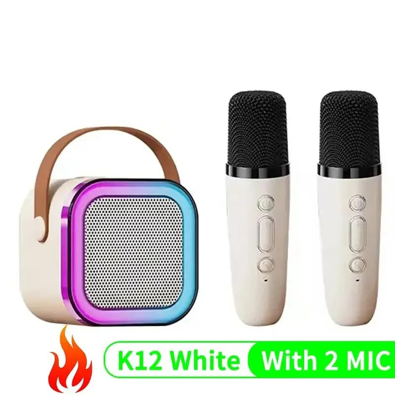 Picture of K12 Karaoke Speaker with Two Wireless Microphones | Portable Bluetooth Speaker with High Bass, LED Lights, and Rechargeable Battery - Multicolor