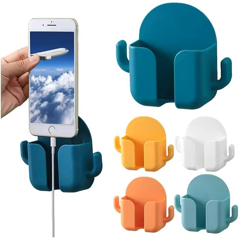 Picture of 1PCS Wall Mount Phone Holder Phone Stand Remote Control Organizer Self-Adhesive Wall Beside Phone Brackets Holder Wall-Mounted Storage Box for Bathroom, Bedroom, Charging Cable - Multicolor