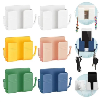 Picture of 1pcs Wall Mount Phone Holder Self-Adhesive Wall Beside Organizer Storage Box Plastic Charging Phone Stand Remote Wall-Mounted Phone Brackets Holder for Bedroom - Multicolor