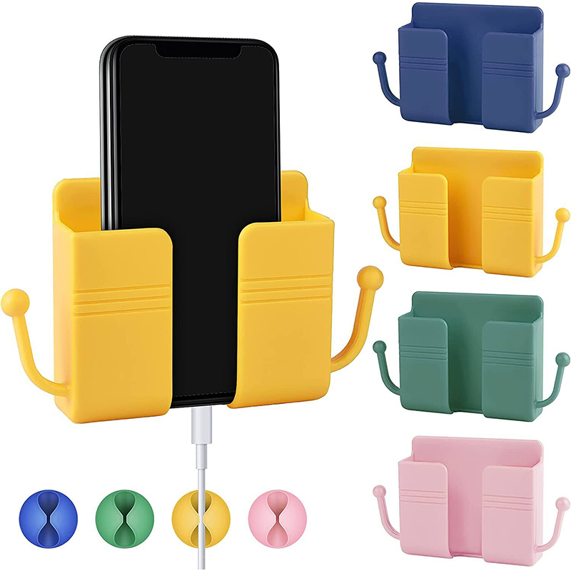 Picture of 1pcs Wall Mount Phone Holder Self-Adhesive Wall Beside Organizer Storage Box Plastic Charging Phone Stand Remote Wall-Mounted Phone Brackets Holder for Bedroom - Multicolor
