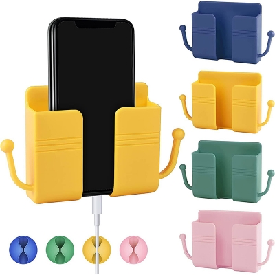Picture of 1pcs Wall Mount Phone Holder Self-Adhesive Wall Beside Organizer Storage Box Plastic Charging Phone Stand Remote Wall-Mounted Phone Brackets Holder for Bedroom - Multicolor