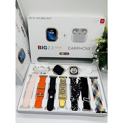 Picture of i20 Ultra Max Suit – 10-in-1 Smartwatch Combo Set with 2.3" Big Display + Wireless Bluetooth Earbuds – Fitness Tracker, Colorful Straps, Heart Rate Monitor & More – Full Set for Men & Women - Multicolor